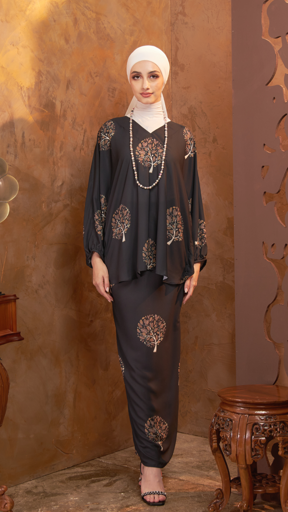 Melodi Flora - Kurung Kaftan ( Kain Pleated Chiffon ) - Brown